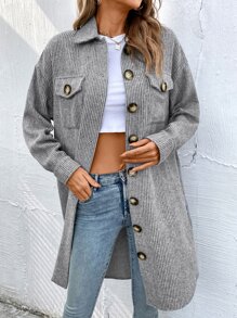 SHEIN Essnce Flap Pocket Drop Shoulder Overcoat In Fall/Winter - Grey - View 5