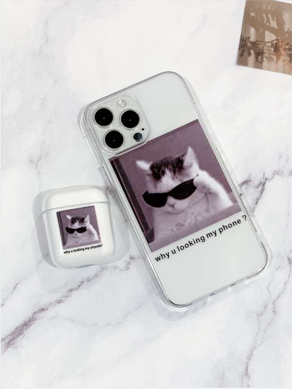 1pc Cool Cat Clear Phone Case & 1pc Case Compatible With Airpods