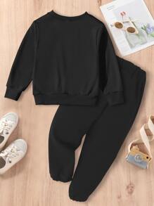 SHEIN Toddler Girls 1pc Slogan Graphic Pullover & 1pc Joggers - Black - View 2