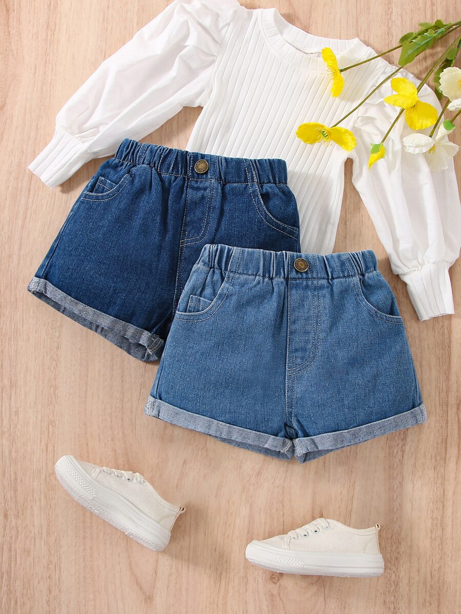Baby Girl 2pcs Roll Up Hem Denim Shorts - Medium Wash - View 1