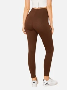 SHEIN BASICS 1pc Solid Crop Leggings - Coffee Brown - View 5