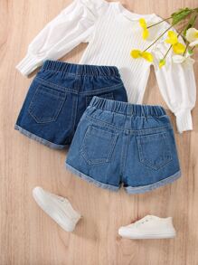 Baby Girl 2pcs Roll Up Hem Denim Shorts - Medium Wash - View 2