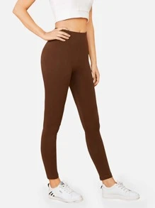 SHEIN BASICS 1pc Solid Crop Leggings - Coffee Brown - View 3