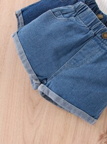 Baby Girl 2pcs Roll Up Hem Denim Shorts - Medium Wash - View 3