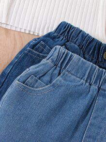 Baby Girl 2pcs Roll Up Hem Denim Shorts - Medium Wash - View 5