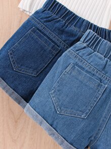 Baby Girl 2pcs Roll Up Hem Denim Shorts - Medium Wash - View 6