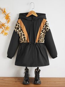 SHEIN Niñas Abrigo con capucha panel de leopardo - Negro - Ver 3
