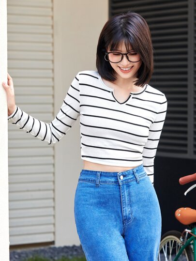 SHEIN Essnce Striped Notched Neck Tee