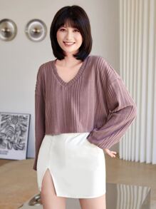Muchica V-neck Drop Shoulder Rib-knit Crop Tee - Dusty Pink - View 1