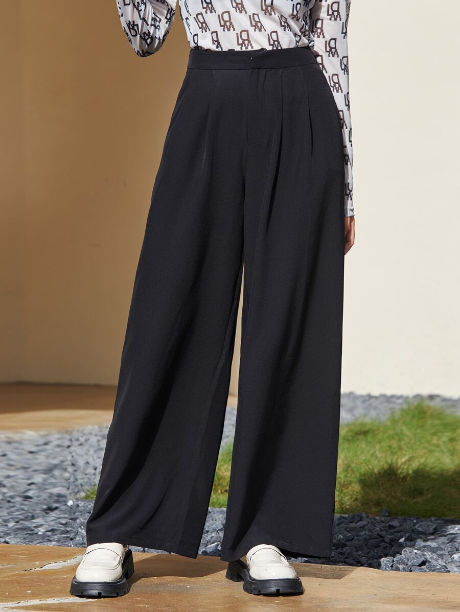 SHEIN EZwear 拉鏈門襟折疊百褶寬管褲子 - 黑色 - 查看 1