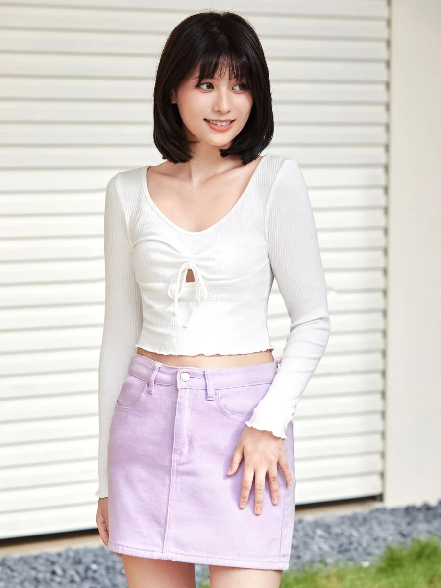 SHEIN EZwear Lettuce Trim Knot Front Rib-knit Tee - White - View 1