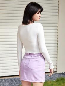 SHEIN EZwear Lettuce Trim Knot Front Rib-knit Tee - White - View 2