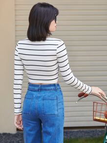 SHEIN Essnce Striped Notched Neck Tee