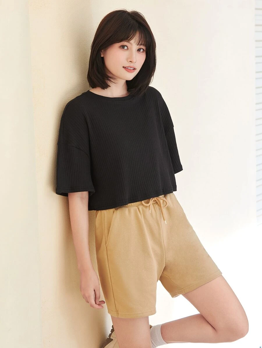 SHEIN EZwear Blusa Manga Curta Canelada - Black - View 1