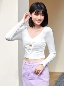 SHEIN EZwear Lettuce Trim Knot Front Rib-knit Tee - White - View 3