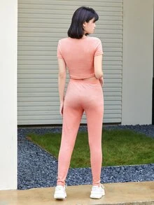 SHEIN EZwear Rib-knit Top & Knot Waist Leggings Set - Coral Pink - View 2