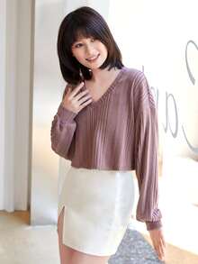 Muchica V-neck Drop Shoulder Rib-knit Crop Tee - Dusty Pink - View 3