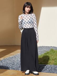 SHEIN EZwear 拉鏈門襟折疊百褶寬管褲子 - 黑色 - 查看 3