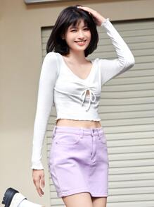 SHEIN EZwear Lettuce Trim Knot Front Rib-knit Tee - White - View 4