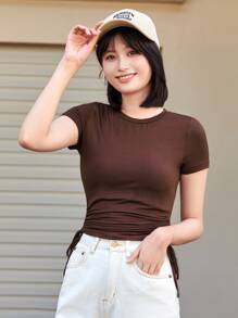 Muchica Áo thun Thắt nút màu trơn Giải trí - Màu nâu Sô-cô-la - Xem 2