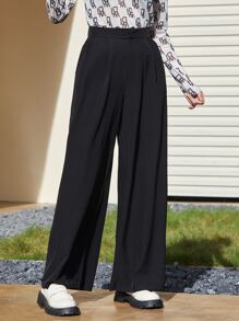 SHEIN EZwear 拉鏈門襟折疊百褶寬管褲子 - 黑色 - 查看 4