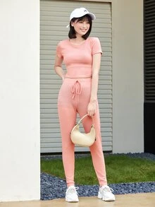 SHEIN EZwear Rib-knit Top & Knot Waist Leggings Set - Coral Pink - View 3