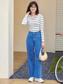 SHEIN Essnce Striped Notched Neck Tee