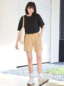 SHEIN EZwear Blusa Manga Curta Canelada - Black - View 3