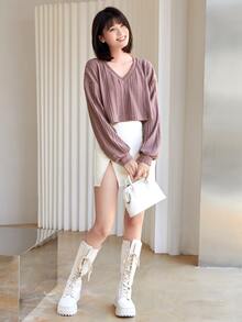 Muchica V-neck Drop Shoulder Rib-knit Crop Tee - Dusty Pink - View 4