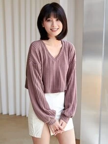 Muchica V-neck Drop Shoulder Rib-knit Crop Tee - Dusty Pink - View 5