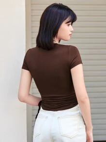 Muchica Áo thun Thắt nút màu trơn Giải trí - Màu nâu Sô-cô-la - Xem 3