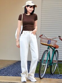 Muchica Áo thun Thắt nút màu trơn Giải trí - Màu nâu Sô-cô-la - Xem 4