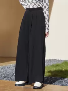 SHEIN EZwear 拉鏈門襟折疊百褶寬管褲子 - 黑色 - 查看 5