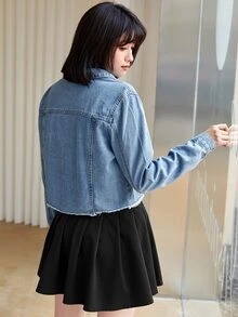 SHEIN Frenchy 毛邊下擺翻蓋口袋細節牛仔夾克 - 淺色水洗藍 - 查看 2