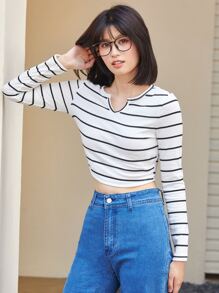 SHEIN Essnce Striped Notched Neck Tee