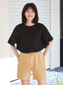 SHEIN EZwear Blusa Manga Curta Canelada - Black - View 5