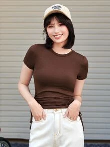 Muchica Áo thun Thắt nút màu trơn Giải trí - Màu nâu Sô-cô-la - Xem 5