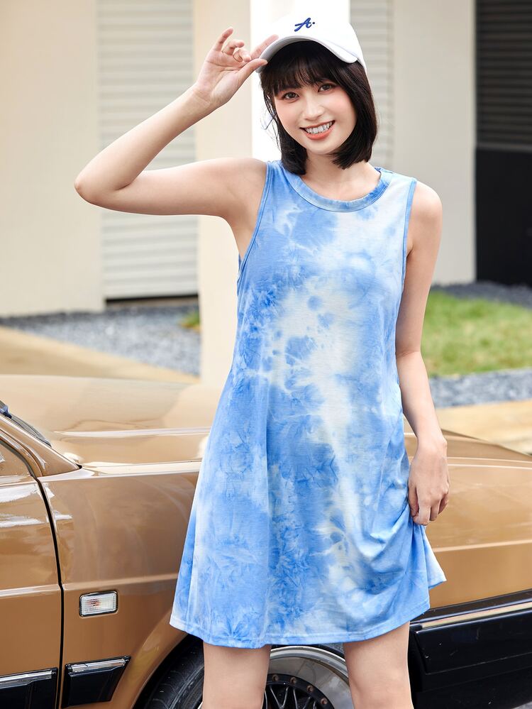 紮染直筒洋裝 - 藍白色 - 查看 1