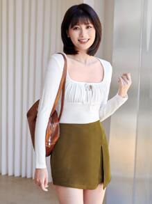 SHEIN Privé Tie Front Ruched Bust Crop Top - White - View 1