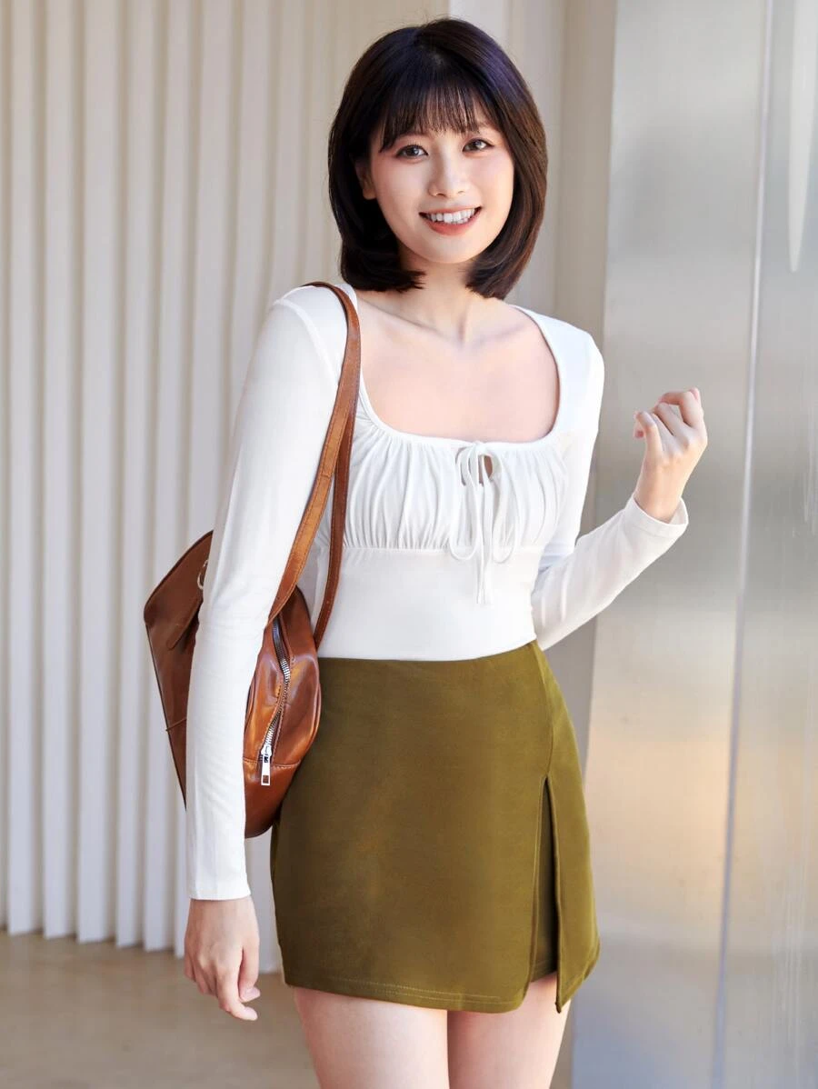 SHEIN Privé Tie Front Ruched Bust Crop Top - White - View 1