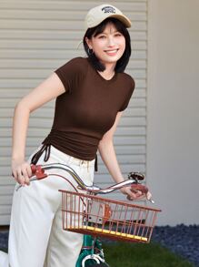 Muchica Áo thun Thắt nút màu trơn Giải trí - Màu nâu Sô-cô-la - Xem 6