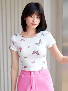 Muchica Butterfly Print Crop Tee - White - View 1