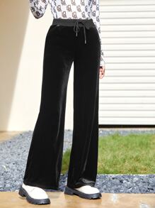 Muchica Drawstring Waist Straight Leg Velvet Pants - Black - View 3