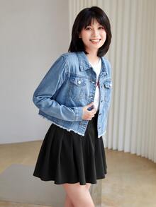 SHEIN Frenchy 毛邊下擺翻蓋口袋細節牛仔夾克 - 淺色水洗藍 - 查看 4