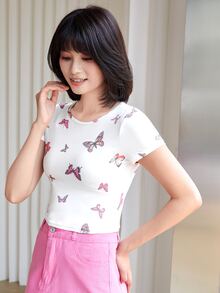 Muchica Butterfly Print Crop Tee - White - View 3
