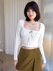 SHEIN Privé Tie Front Ruched Bust Crop Top - White - View 3
