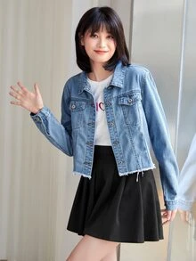 SHEIN Frenchy 毛邊下擺翻蓋口袋細節牛仔夾克 - 淺色水洗藍 - 查看 5