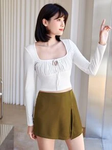 SHEIN Privé Tie Front Ruched Bust Crop Top - White - View 4