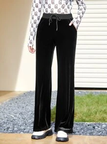 Muchica Drawstring Waist Straight Leg Velvet Pants - Black - View 5