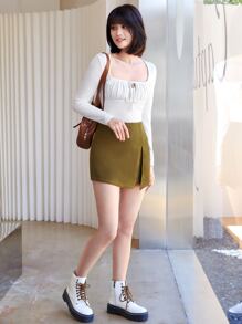 SHEIN Privé Tie Front Ruched Bust Crop Top - White - View 5